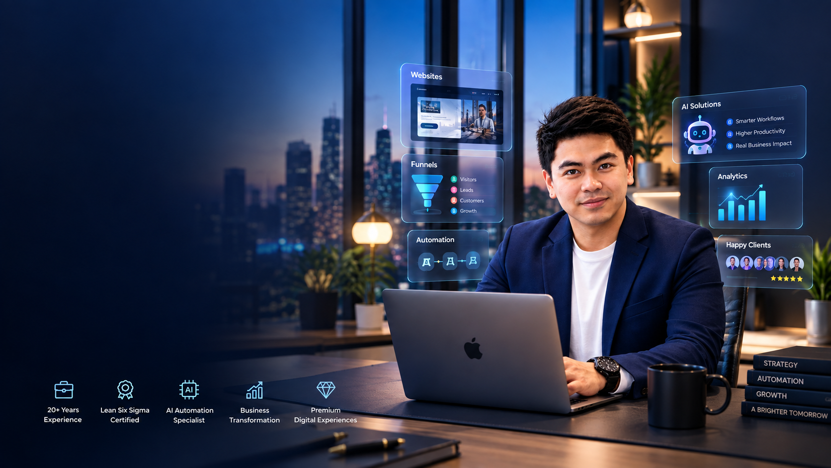 Aaron Garcia surrounded by NAVI website, funnel, automation, AI, analytics, and client experience panels