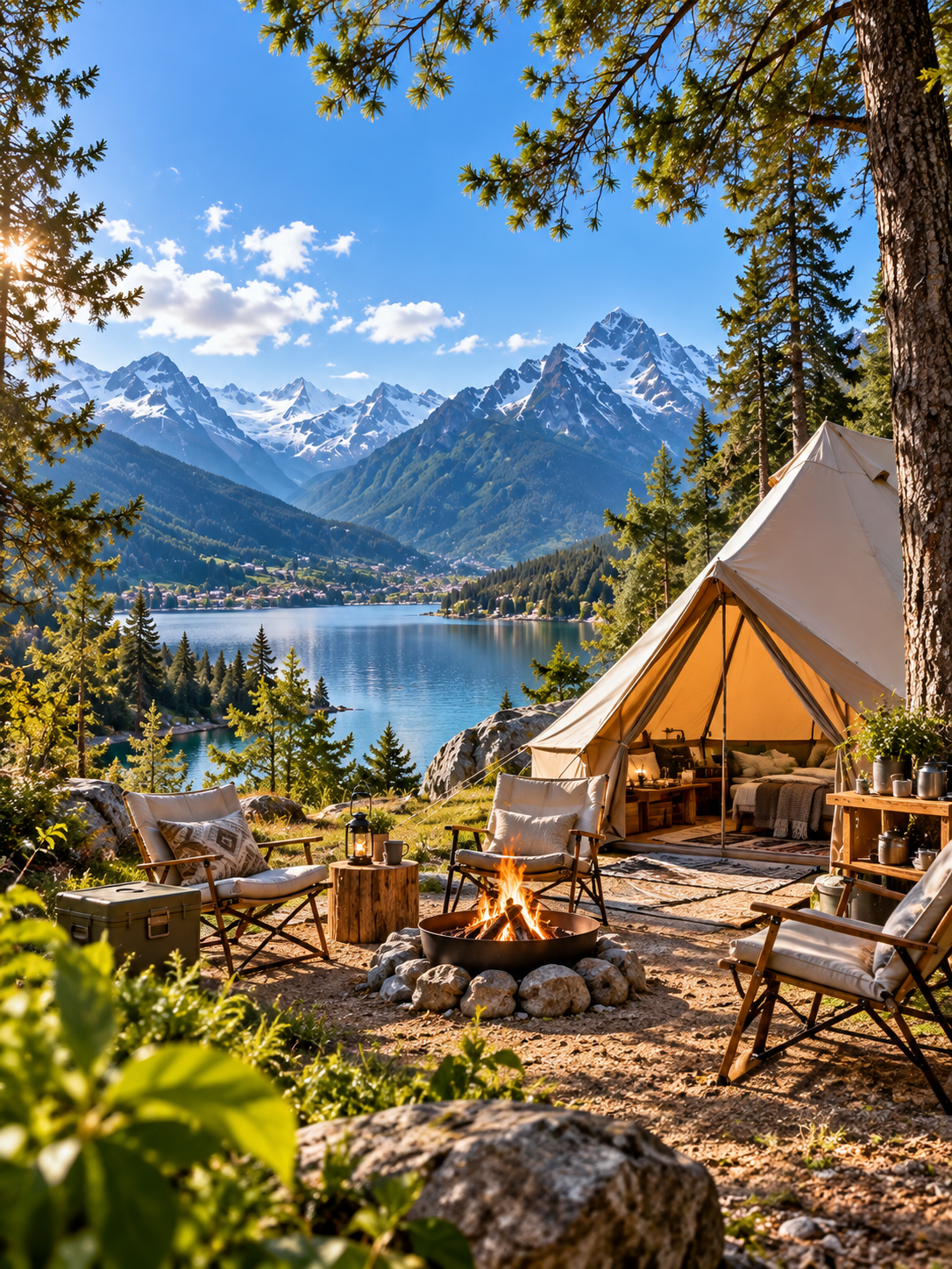 Lakeside tent and bonfire with mountain views
